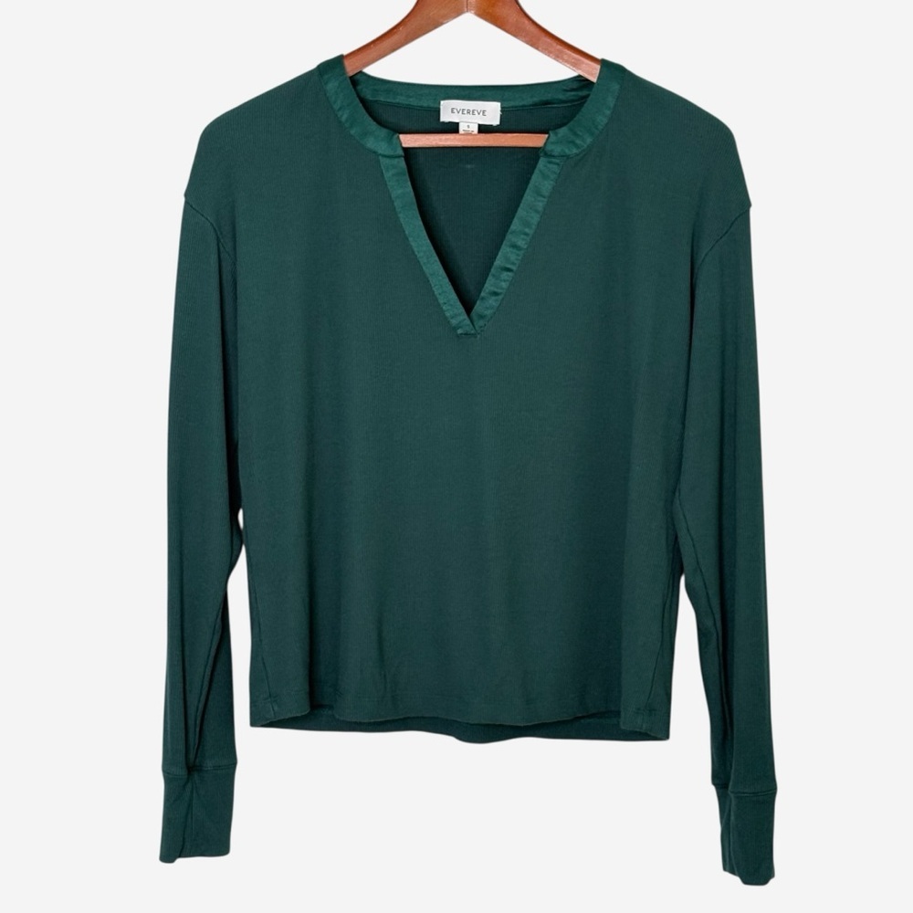 Evereve Bex Split Neck Top Size S Satin Trim Soft Rib Knit Green Modal Blend - Picture 6 of 13